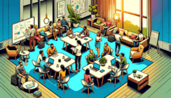 Viele Menschen sitzen an einigen Tischen. Im Comicstil.